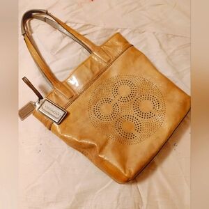 Coach Embossed Logo Gold Leather Tote Bag